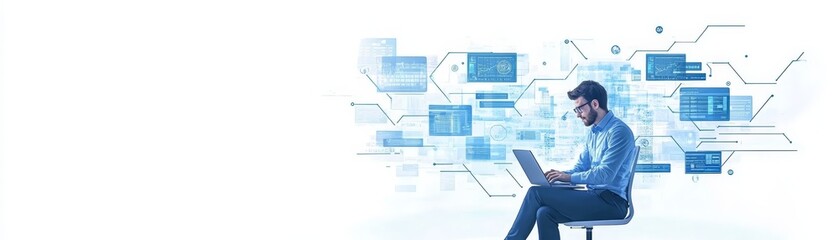 Man Working on Laptop with Digital Interface Background