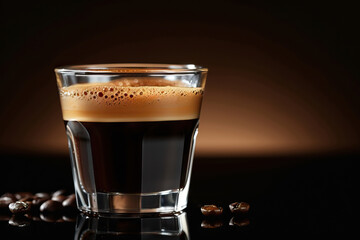 A pint glass filled with dark stout beer next to an espresso cup on a bar counter. Black and brown color scheme, indoor setting.