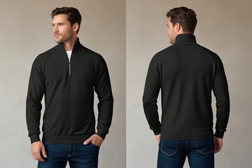 Black Quarter Zip Sweater Mockup Front and Back View of Casual Classic Apparel Design