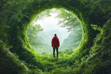 a person in a red jacket stands in a lush, circular opening in the forest, gazing at the vast, misty