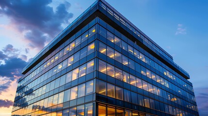 Wall Mural - modern office building with a glass facade, illuminated by the setting sun, showcasing the contemporary design and urban architecture.