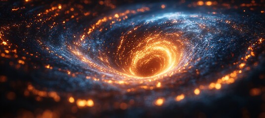 Black hole interacting 3D dark energy where 2D gravitational waves and light particles are twisted and contorted creating an infographic illustration of the mysterious forces at play in the universe