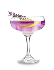 Wall Mural - Glass of fresh lavender lemonade with flowers on white background