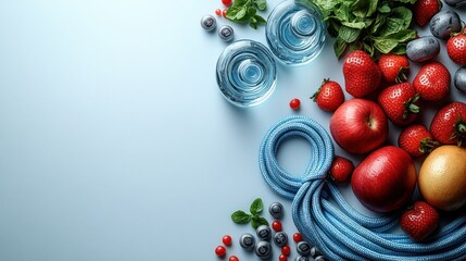 Blue Background With Fruits, Rope and Water Glasses