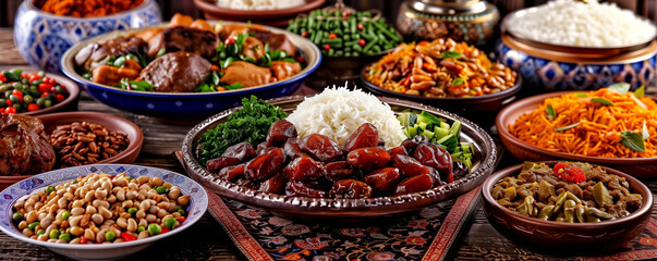 A table full of food with a variety of dishes including rice, beans, and vegetables. The table is set for a large gathering or celebration