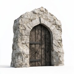 3D Render of a gate with a portcullis partially lowered, set in a massive stone wall, on isolated white background