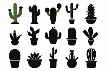 Cactus icon collection. Set of black cactus silhouette. silhouettes of different cactus icons
