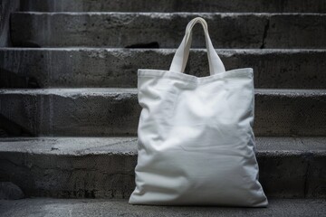 Wall Mural - White Canvas Tote Bag on Concrete Steps