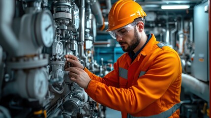 Ship engineer working in the engine room of a large vessel, adjusting valves and monitoring gauges under low lighting conditions