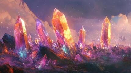 Wall Mural - A field of crystalized dreams, with vibrant crystals growing from the ground, bathed in a soft, mystical light.