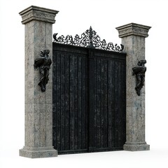 3D Render of a tall gate with iron-bound doors and stone gargoyles perched on the sides, on isolated white background