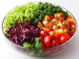 Wall Mural - fresh vibrant salad composition isolated on pure white crisp vegetables and leafy greens arranged in a clear bowl showcasing colors and textures of healthy ingredients