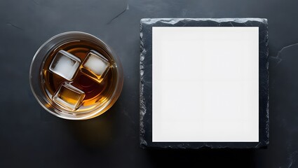 Wall Mural - Top down shot of a whisky glass with ice on a dark stone surface featuring a blank space for text or graphics and color adjusted for a specific mood. Copy space image isolated with white highlights.