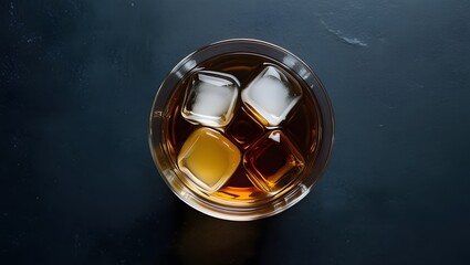 Wall Mural - Top down shot of a whisky glass with ice on a dark stone surface featuring a blank space for text or graphics and color adjusted for a specific mood.