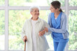 © Pixel-Shot - Senior woman with stick and nurse walking near window at home