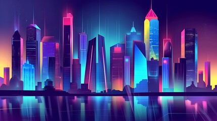 Modern futuristic illustration depicting a city of the future - at night - bright and vibrant - blue tint - stylish - artistic 