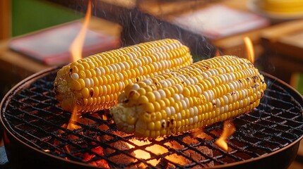 Sticker - Two corn on the cob grilling over hot coals on a barbecue grill.