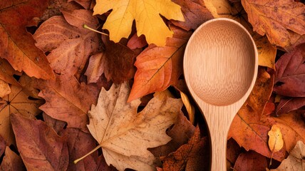 Wooden spoon resting on a pile of autumn leaves, capturing the essence of simplicity and seasonal beauty, kitchen utensil