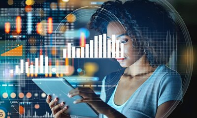 Data Driven Insights: Young professional woman analyzes glowing financial charts and graphs, embodying the power of modern business intelligence and data analysis. 