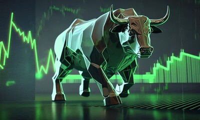 Wall Mural - Charging Bull Market: A powerful bull, rendered in futuristic polygons, strides confidently against a backdrop of glowing green stock charts, symbolizing financial growth and market surge.
