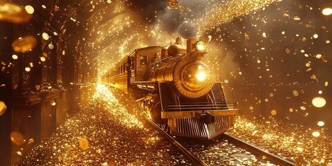 a pure gold train on pure gold background, Daytime background,