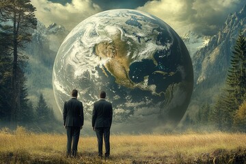 two businessmen stand in awe before a gigantic earth globe surrounded by nature, symbolizing global 