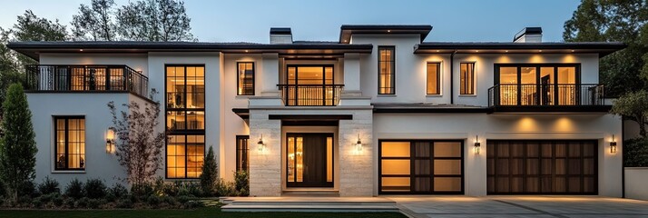 An exterior front view of an modern farmhouse style home in beverly hills, white stone with dark wood accents and large windows,