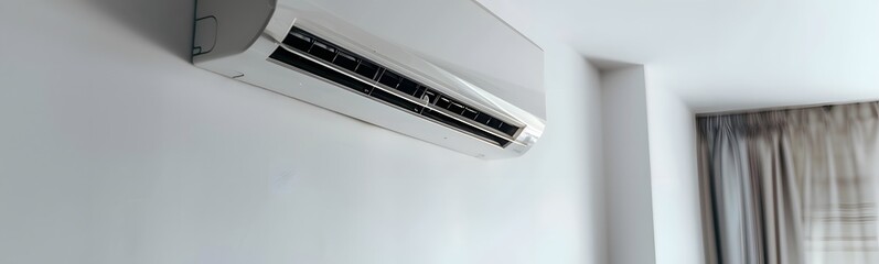 Air conditioner on white wall room interior background. 