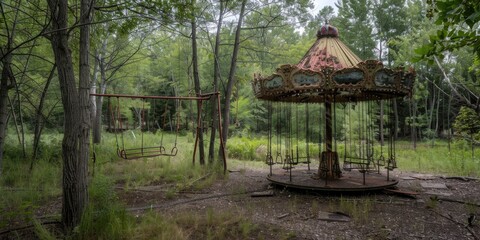 deserted children s camp weathered playground equipment including a rusty carousel and swing