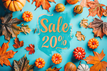 Wall Mural - Flowers falling from tree in autumn setting. Teal and orange dominate. Food and Sales sign, 20% discount.