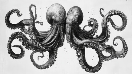 Black and white drawing of a giant octopus with eight writhing tentacles, shown in two distinct sizes.