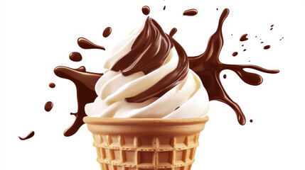 Wall Mural - Vector illustration of isolated chocolate soft serve ice cream in a waffle cone with a chocolate splash. Features realistic ice cream in a wafer cup with a swirl of brown chocolate sauce, representing