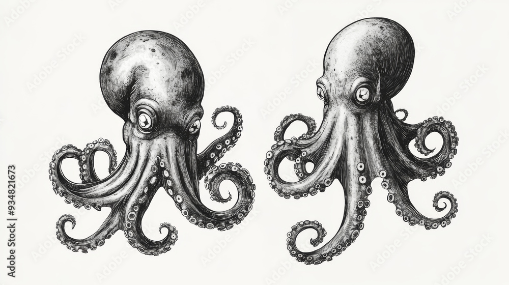 Black and white drawing of a giant octopus with eight writhing ...
