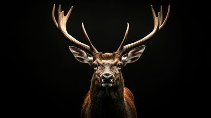 stunning portrait of a majestic stag with impressive antlers against a dark background, showcasing i