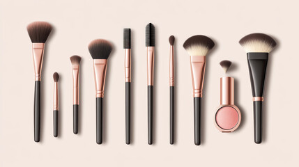 Vector mockups of makeup brushes with a 3D design, including blush, eyeshadow, contour, eyebrow comb, foundation, concealer, and bronzer brushes. Features angled, fan, and flat realistic brushes