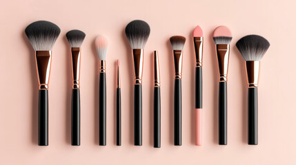 Vector mockups of makeup brushes with a 3D design, including blush, eyeshadow, contour, eyebrow comb, foundation, concealer, and bronzer brushes. Features angled, fan, and flat realistic brushes