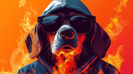 Wall Mural - Cool Dog in Sunglasses and Hoodie with Flames