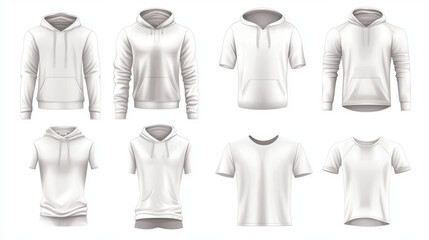 Male fashion t-shirt templates including hoodies, sweatshirts, polos, singlets, and sleeveless shirts. Vector mockups of basic white casual garments, featuring Henleys, tank tops, and underwear.