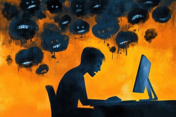 A vibrant image of a person surrounded by hostile online comments represented as dark clouds or shadows, while they sit at their computer with a distressed expression