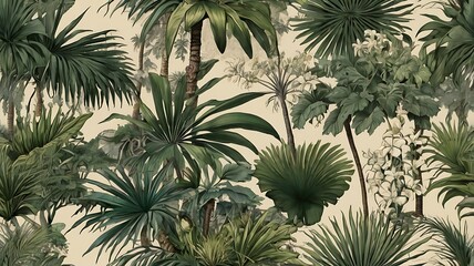 Wall Mural -  of a tropical jungle with palm trees, flowers, and birds.