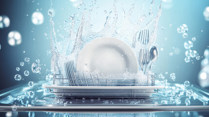 3D promotional design featuring a clean plate with a water splash and soap bubbles. Ideal for a dishwasher machine ad poster or dishwashing advertising background template, showcasing realistic shinin