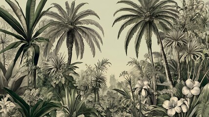 Wall Mural -  of a tropical jungle with palm trees, flowers, and birds.