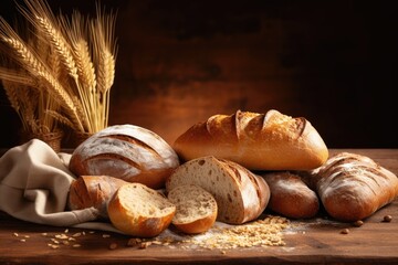 Freshly baked assortment of bread and baked goods including sourdough and whole grain, perfect snacks and staple food items, in brown and black hues.