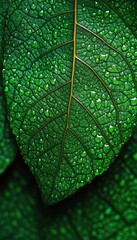 Close-up of a green leaf with water droplets. A macro image showcasing the intricate details and texture of a leaf, perfect for illustrating concepts of nature, growth, and water.