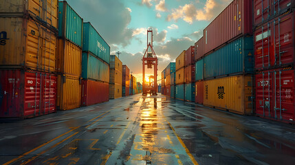 Sunset View of Shipping Containers with Reflections on Wet Pavement - Photo