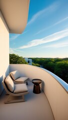 A modern balcony with seating and a view of lush greenery under a clear sky.