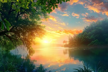 Wall Mural - sunset over the river