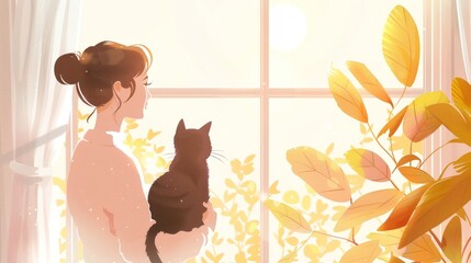 Wall Mural - Woman and Cat by the Window.