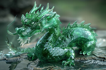 Exquisite jade dragon sculpture intricately carved, symbolizing power and wisdom in Eastern culture