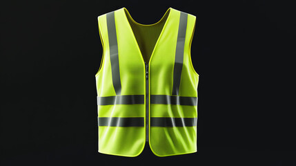 Safety vest jacket, isolated for security, traffic, and worker uniform use. Vector realistic 3D mockup in fluorescent green with reflective stripes and a zip, representing personal protective clothing